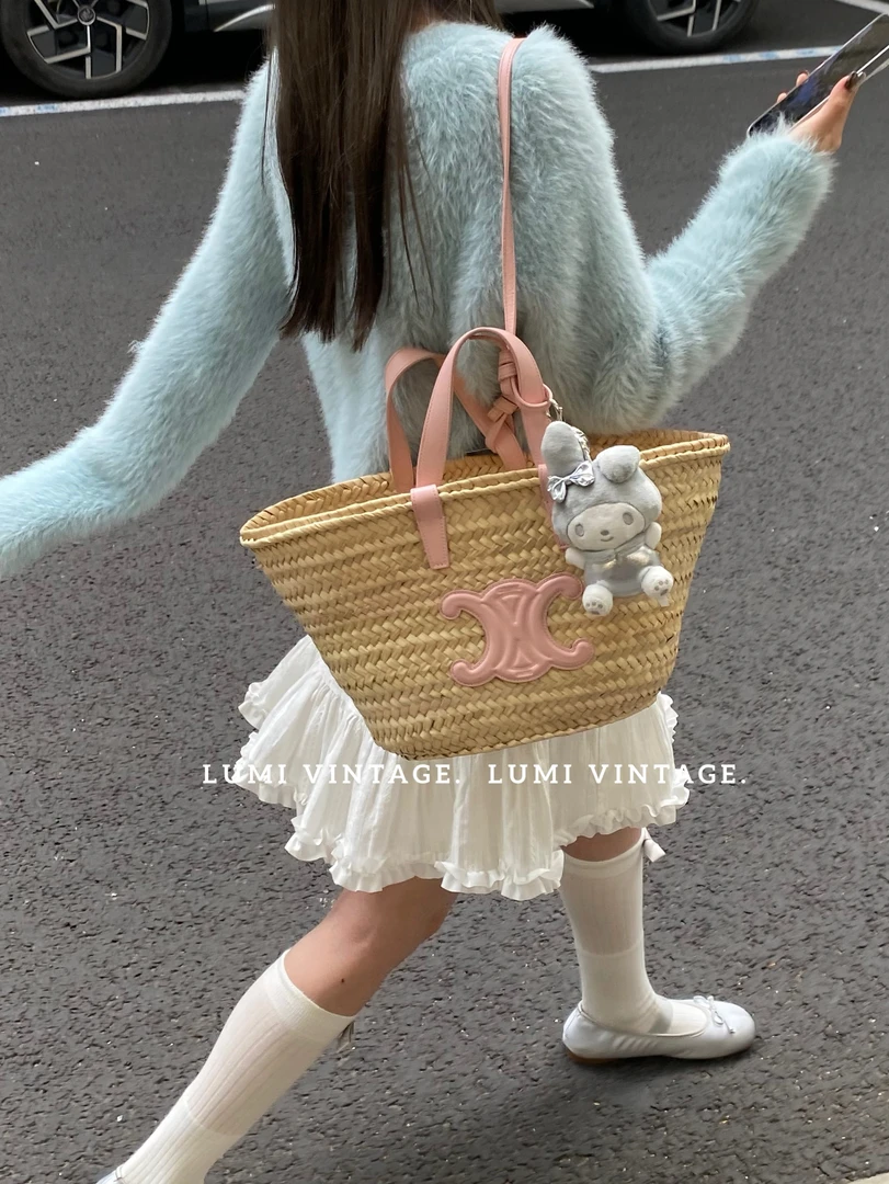 95新 Celine/思琳 拉菲草编织粉色菜篮子65066156