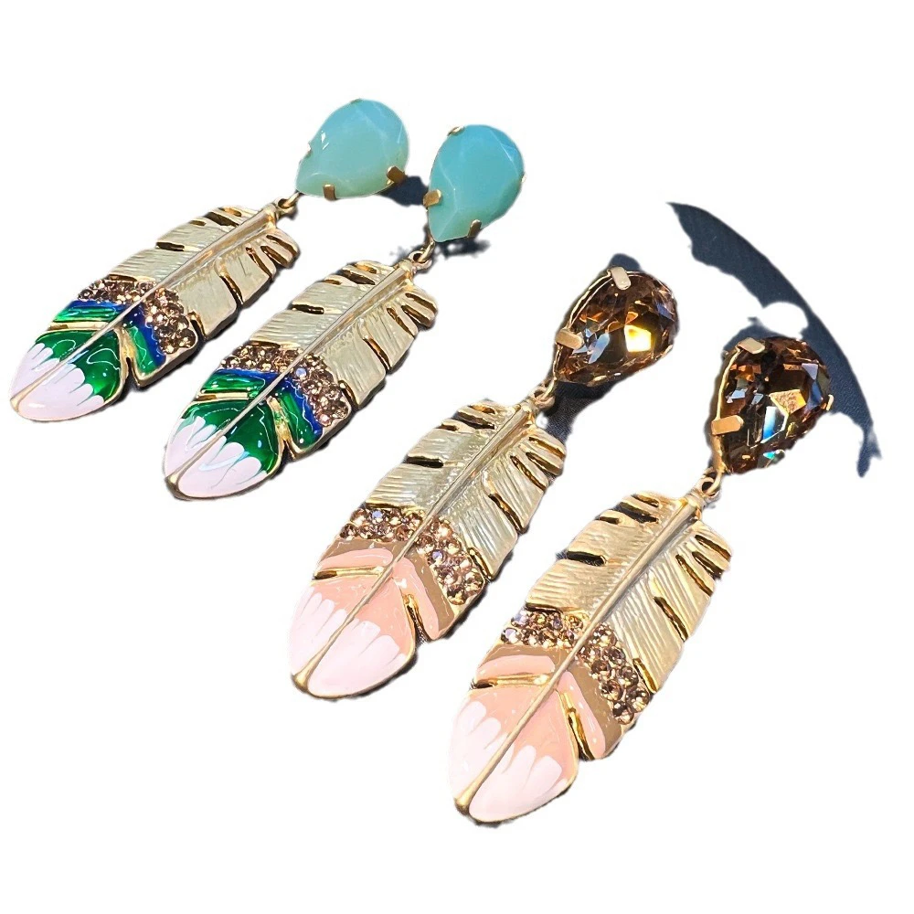 铜合金珐琅耳饰 尼日利亚风格羽毛耳饰 ins热销铜镀真金小众耳饰