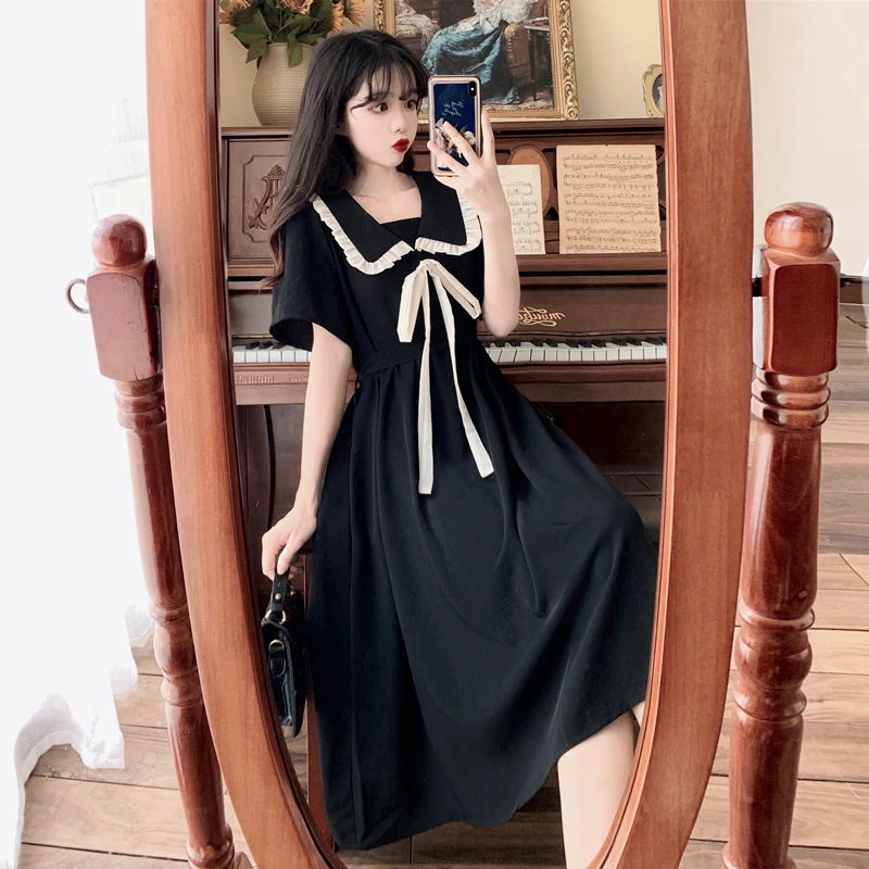 女大童连衣裙夏季学院风娃娃领13岁初中生15女孩甜美蝴蝶结长裙子