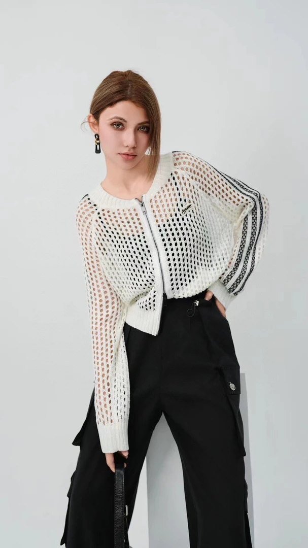 慵懒风撞色镂空针织开衫女宽松休闲百搭外套