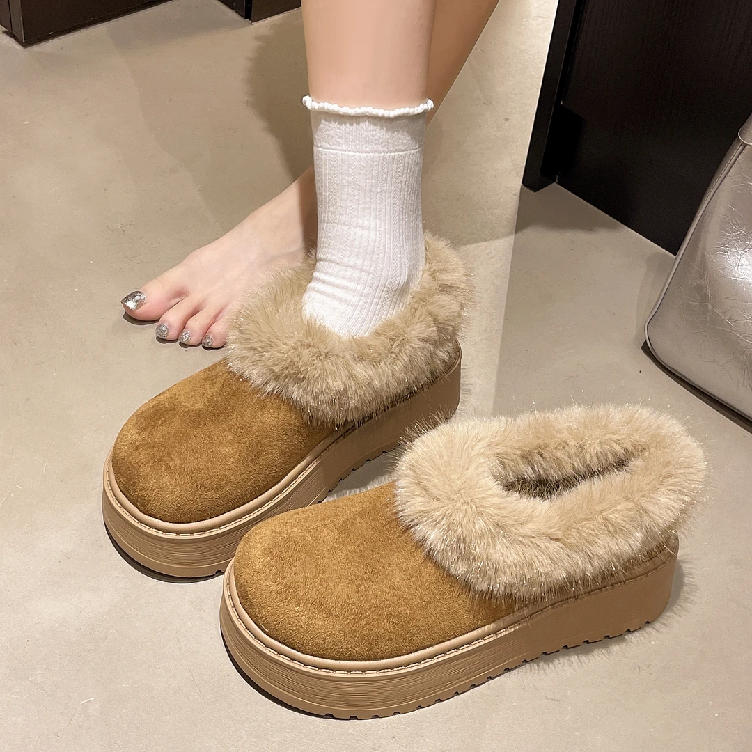 冬季保暖圆头休闲风时尚加绒外穿秋冬网红厚底毛毛鞋防滑百搭