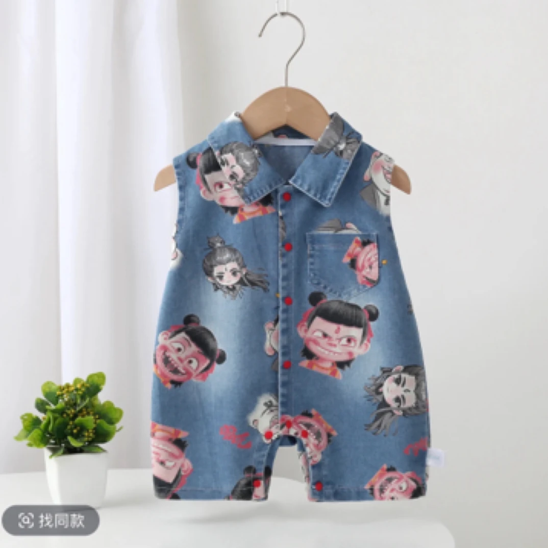 网红婴儿连体衣牛仔套装夏季薄款男宝宝超萌哪吒短袖哈衣外出爬服