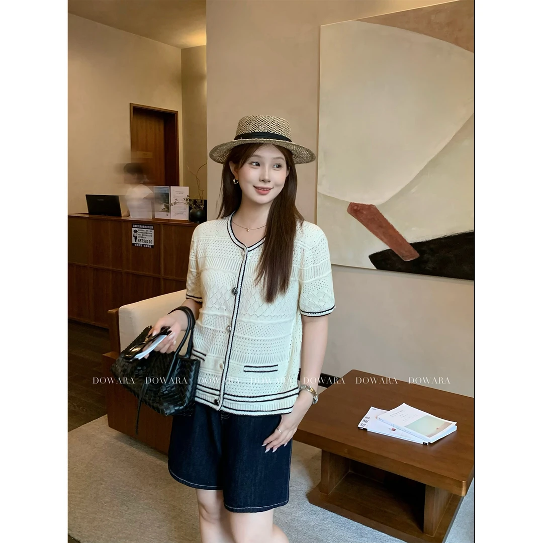 大婉酱微胖定制法式纯棉提花镂空毛织衫女小众气质百搭上衣 9608D