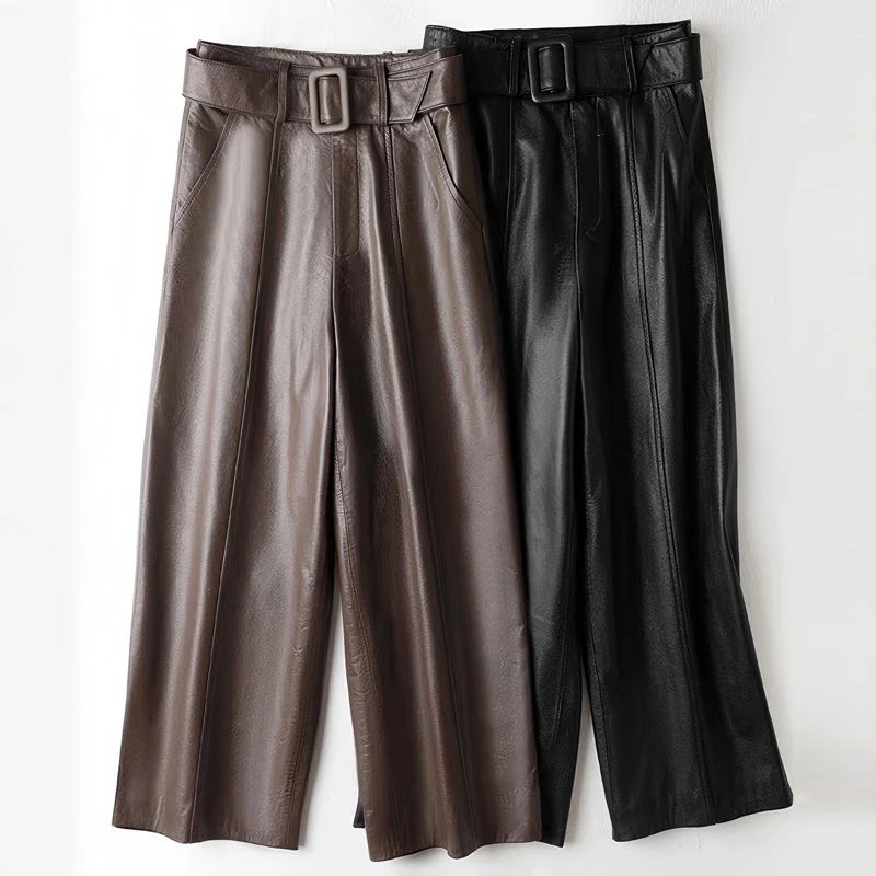 2025秋冬新款真皮皮裤女高腰腰带显瘦加绒九分阔腿裤气质休闲长裤