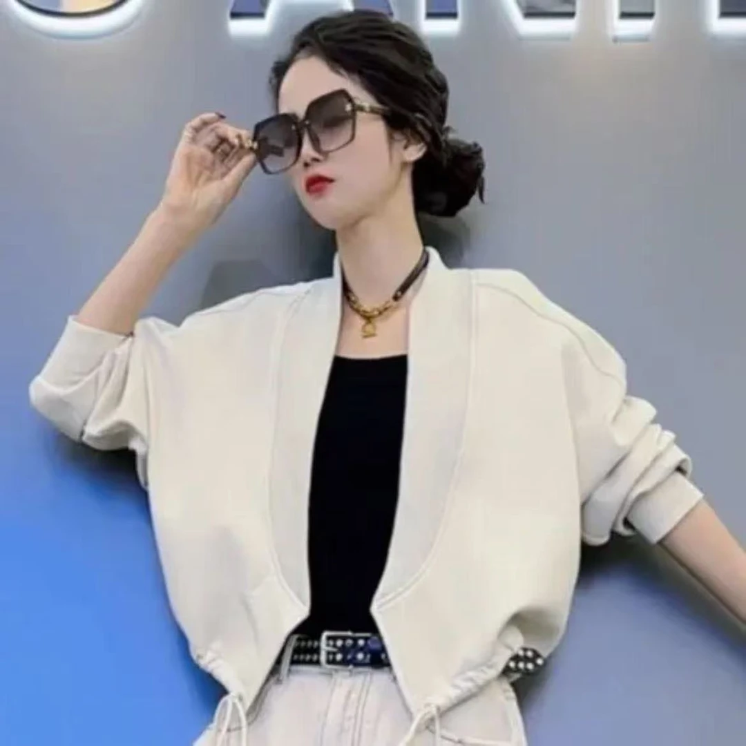 2025春季新款螺纹抽绳宽松开衫上衣慵懒风休闲百搭短款外套女
