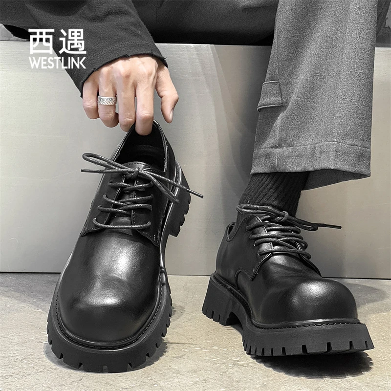 西遇流光琥珀潮流百搭休闲皮鞋韩系风舒适柔软系带德比鞋黑色学生
