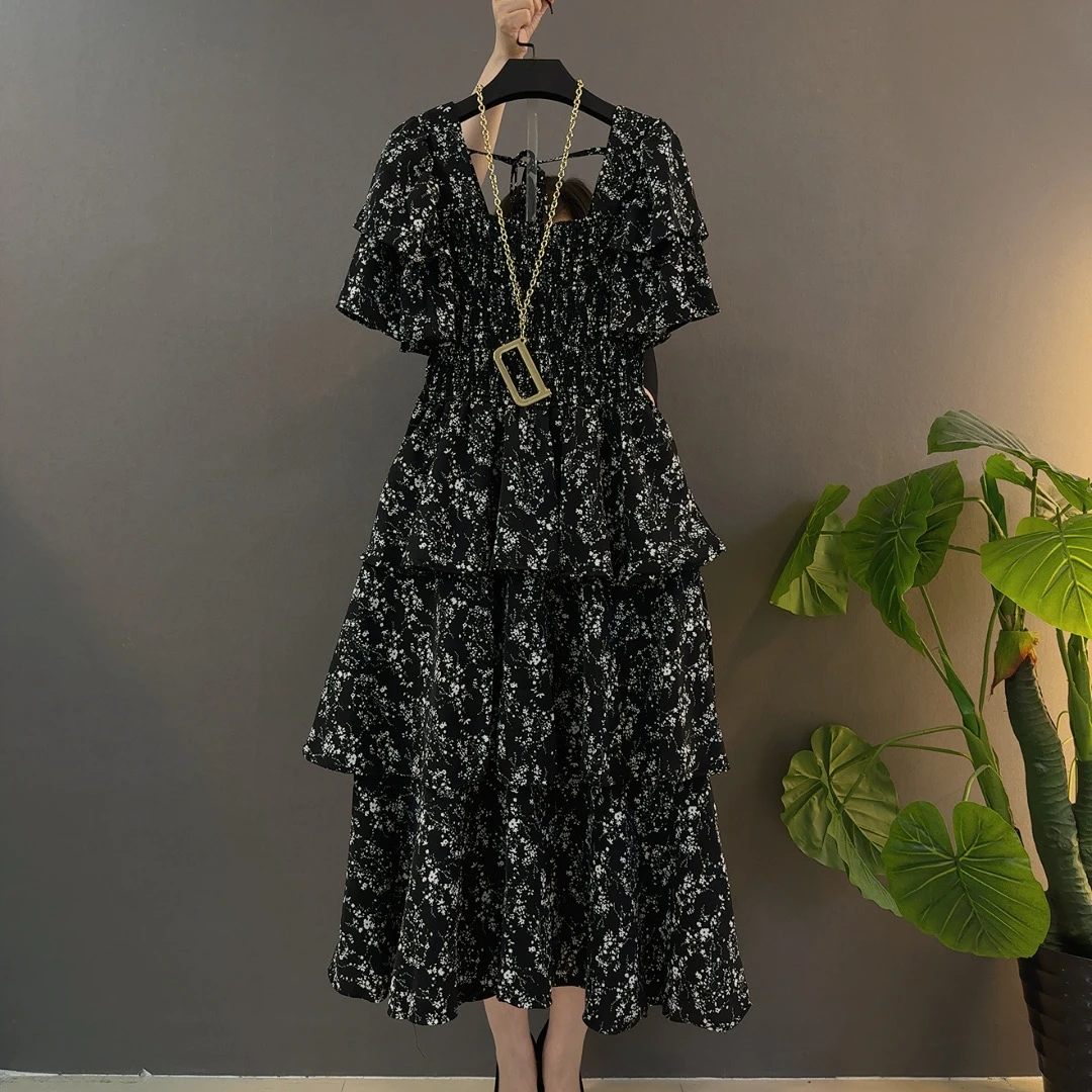 夏季方领碎花蛋糕裙长裙连衣裙