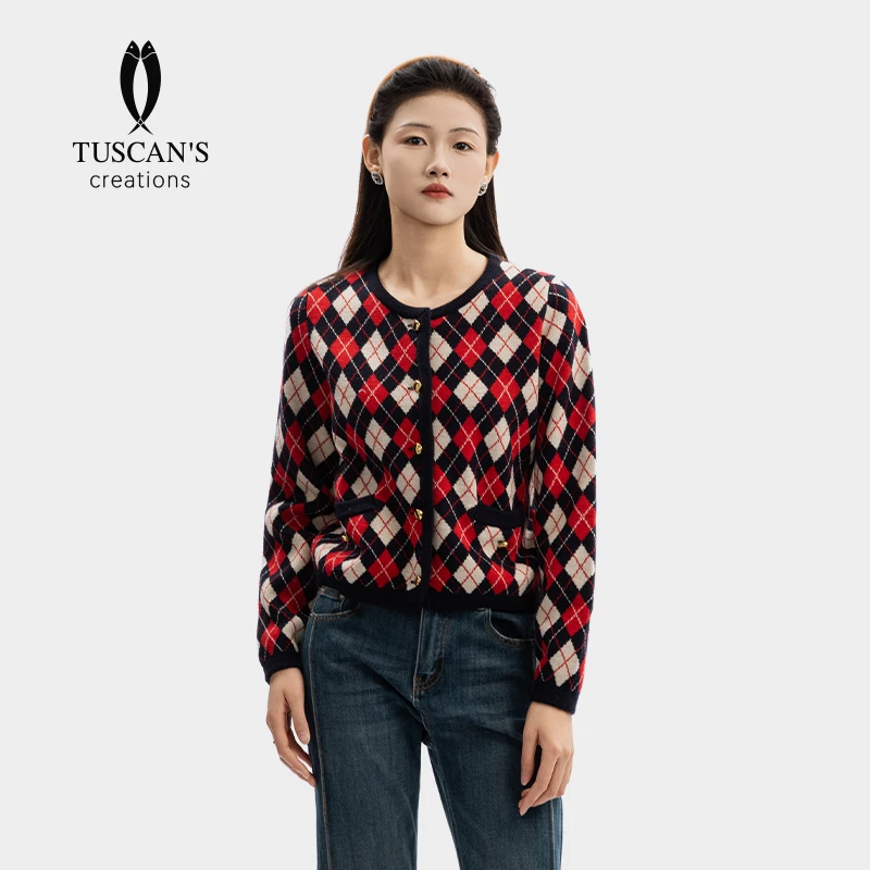 TUSCAN'S CREATIONS经典撞色菱格复古风圆领女款羊毛织开衫