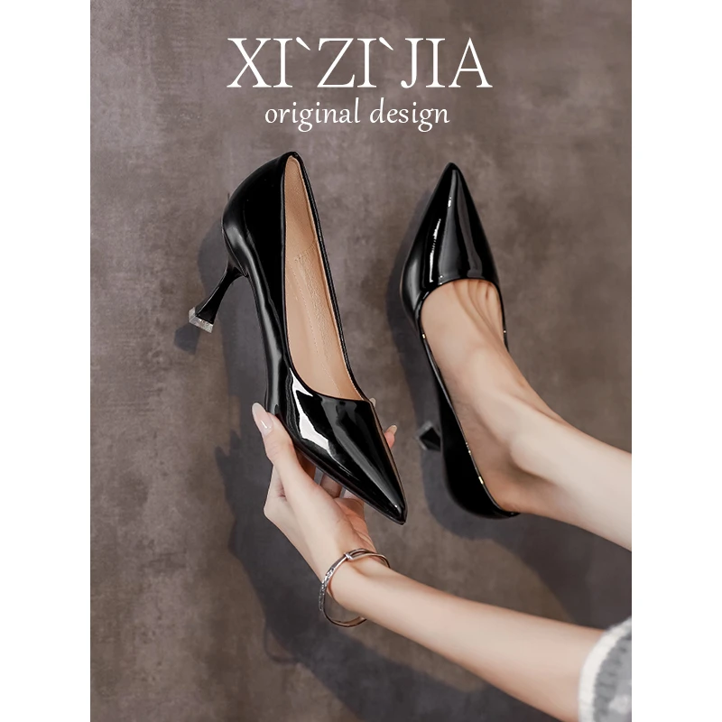 黑色职业上班鞋女正装面试高跟鞋软皮空乘单鞋百搭尖头细跟不累脚