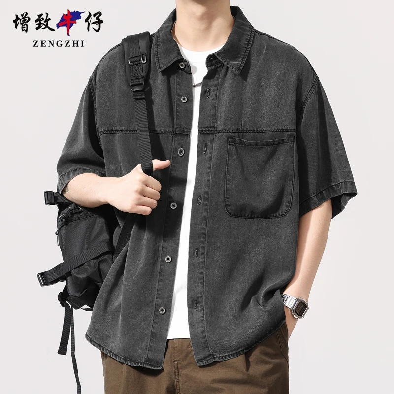 ZENGZHI/增致牛仔男士轻薄透气牛仔衬衣休闲衬衫吸湿排汗短袖薄款