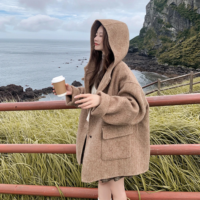 蓝海奕诺学院风连帽双面毛呢外套女2024秋冬季新款超好看呢子大衣