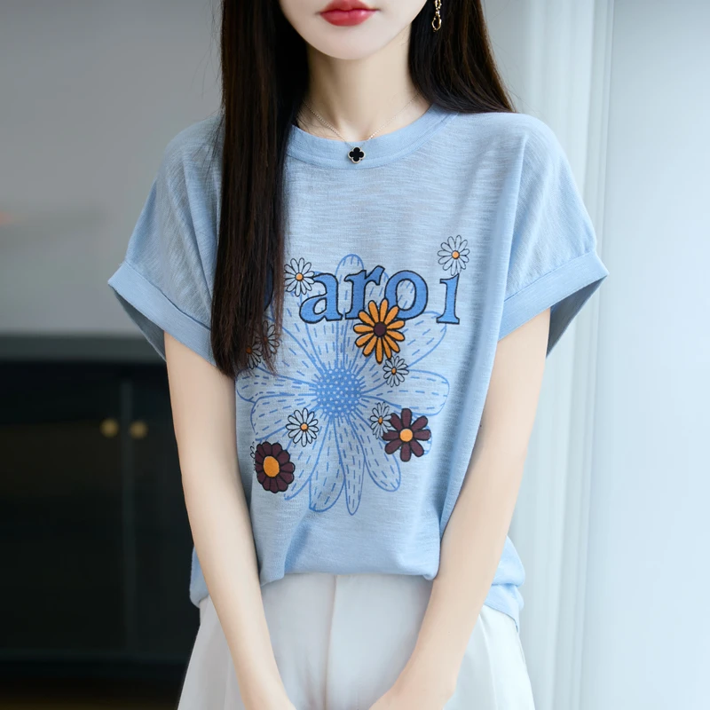 夏季新款竹节麻小雏菊针织纯色短袖洋气百搭凉爽透气宽松显瘦法式