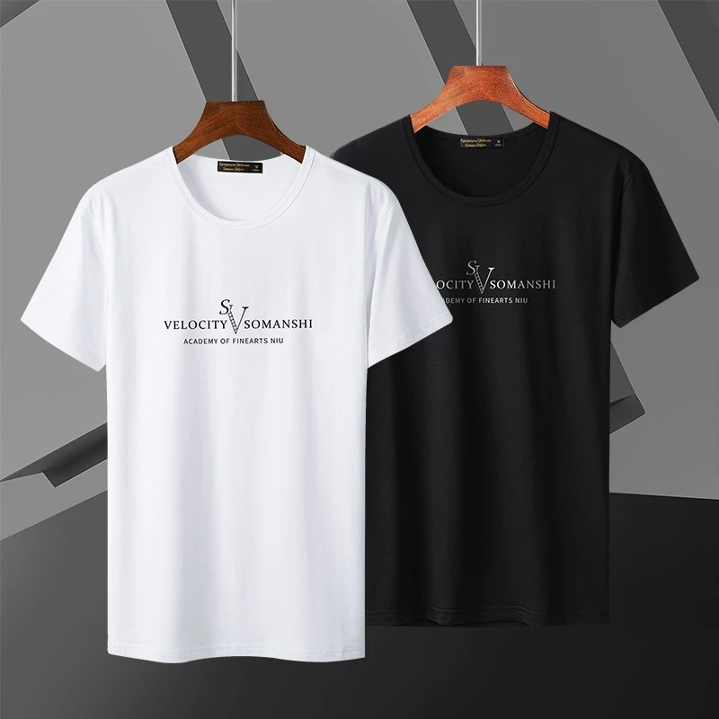 2025新款莫代尔男士短袖t恤夏季冰丝圆领修身半袖印花体恤男装潮