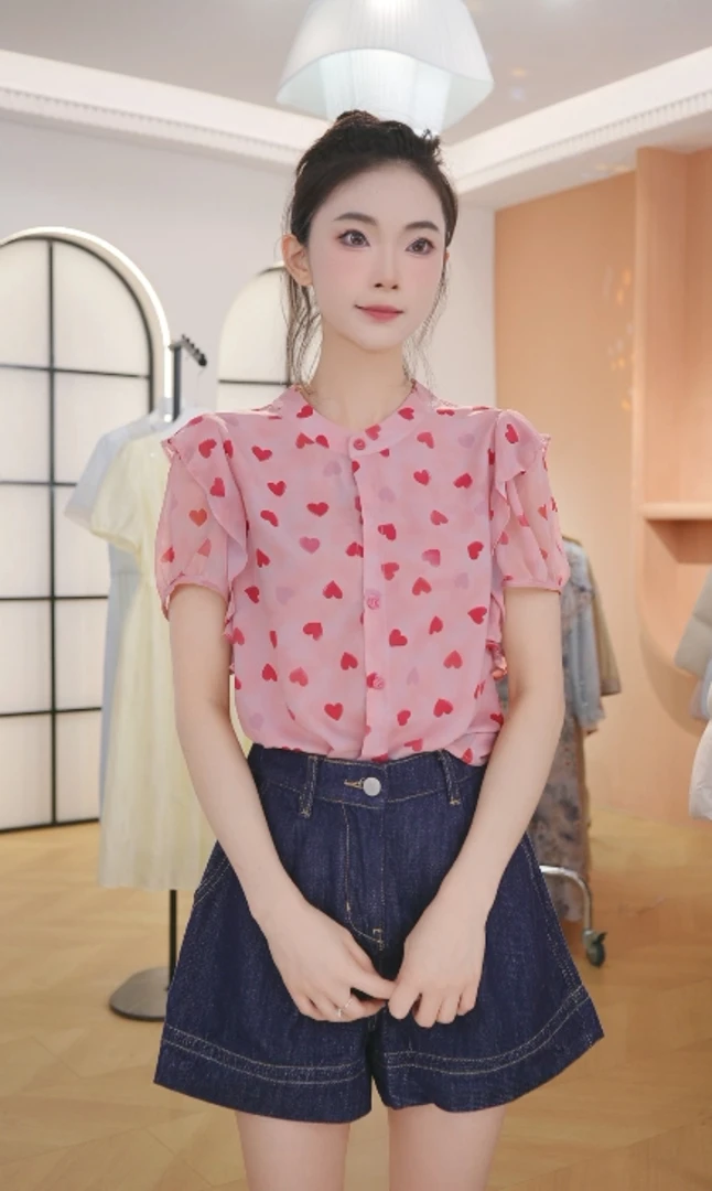 F2989夏季新款法式粉色减龄爱心小衫上衣女款