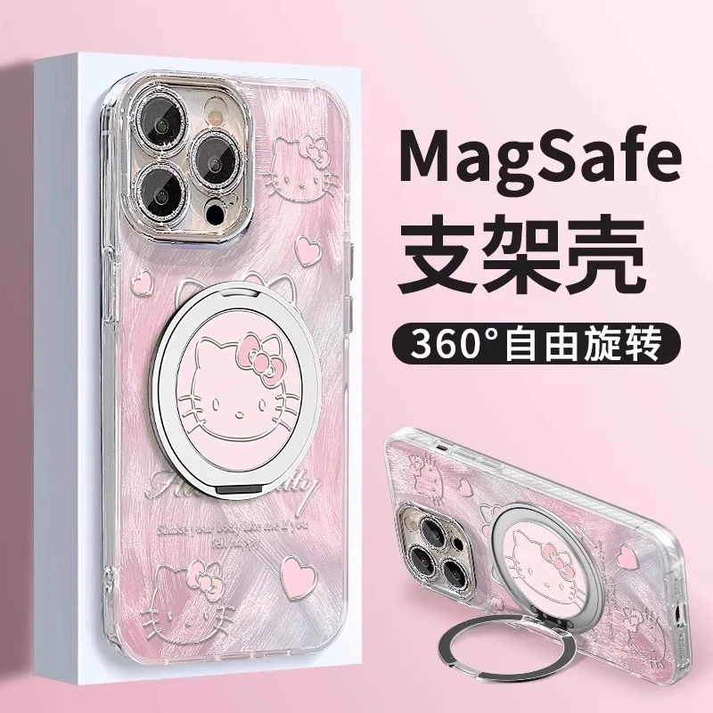 支点支架适用苹果16promax手机壳新女款彩绘iphone15闪粉羽纱猫咪