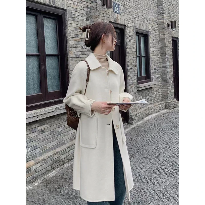 6819-31402 极简中长款厚款百搭翻领呢大衣服女士毛呢外套