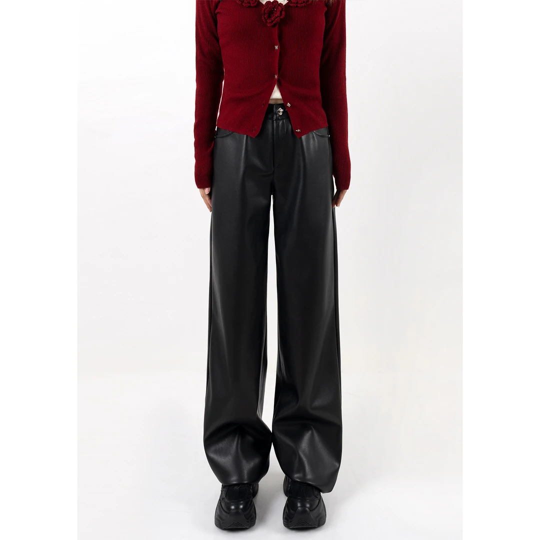 LulusMiracle【暗夜流光】秋冬时尚复古纯色百搭宽松直筒黑色皮裤女