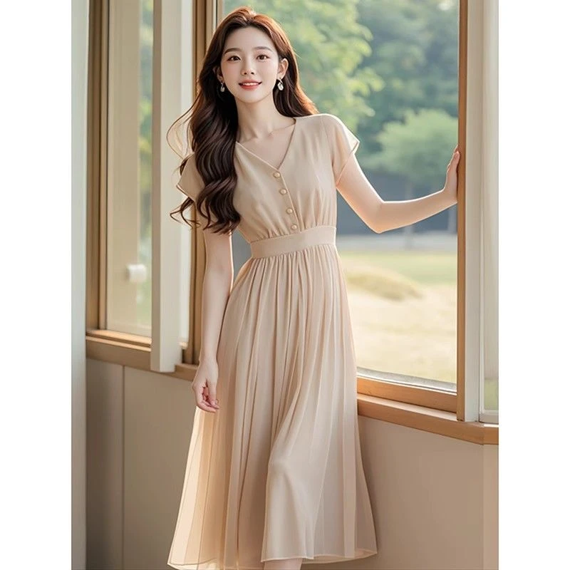 2025夏季新款雪纺短袖时尚宽松遮肚子显瘦气质杏色中长款