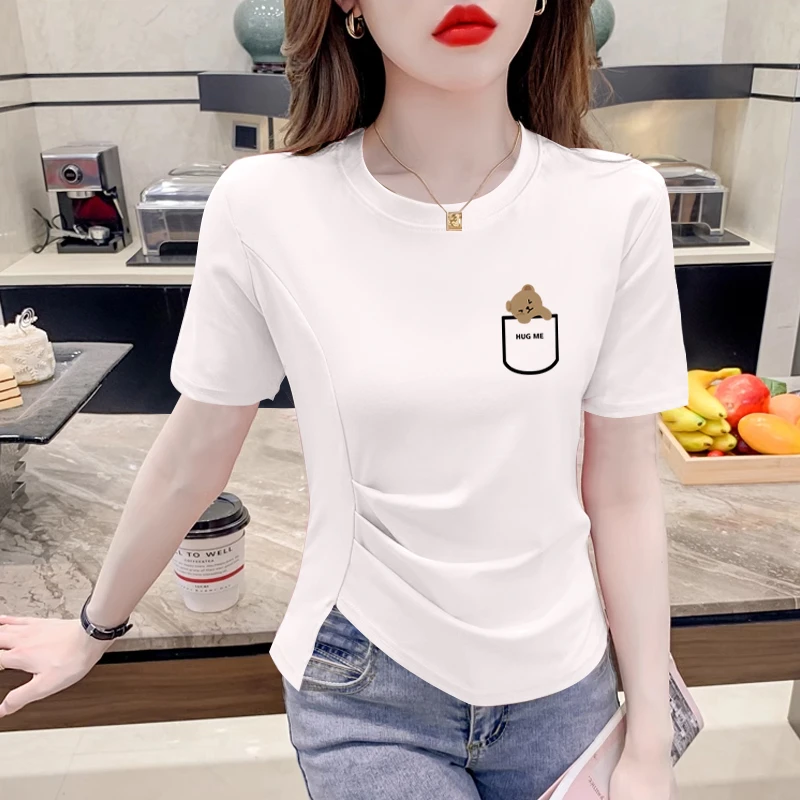 纯棉短袖t恤女2025年新款夏季女装正肩不规则上衣设计感半袖体恤