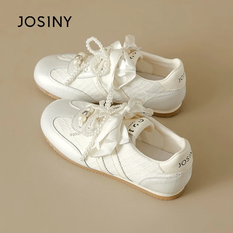 卓诗尼软底女鞋德训鞋2025春秋季新款休闲珍珠丝带拼色圆头板鞋