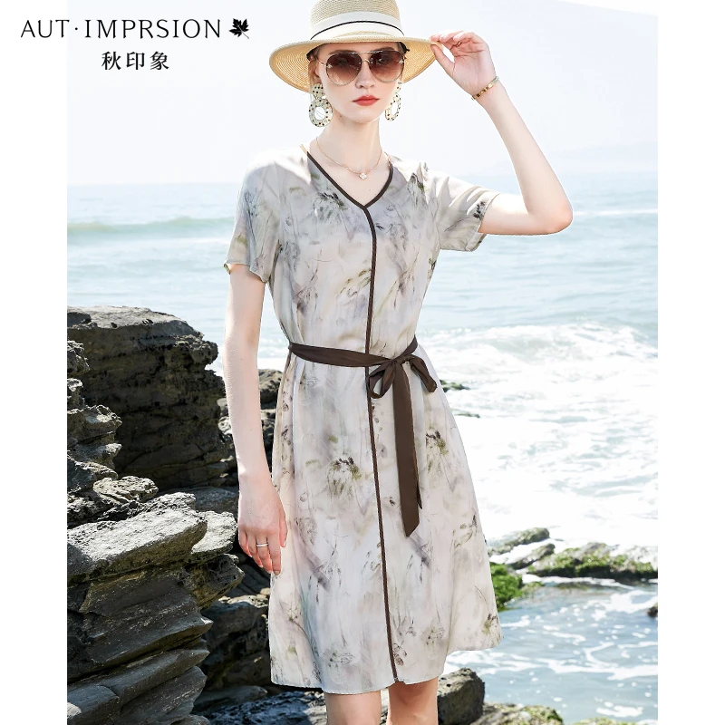 官方重磅真丝印花连衣裙女夏2025新款V领系带桑蚕丝短袖中长裙子