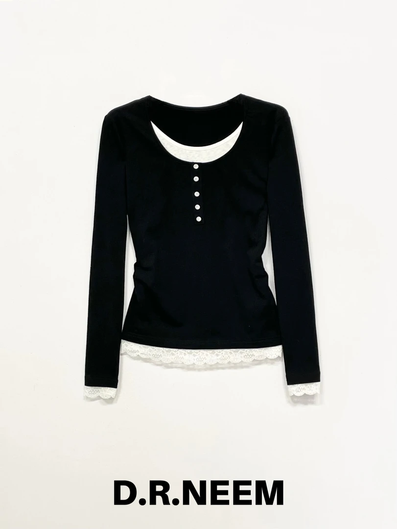 DRN 蕾丝边假两件T恤