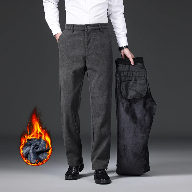 冬季秋灯芯绒加绒保暖休闲裤男弹力宽松直筒中年长裤子商务潮牌