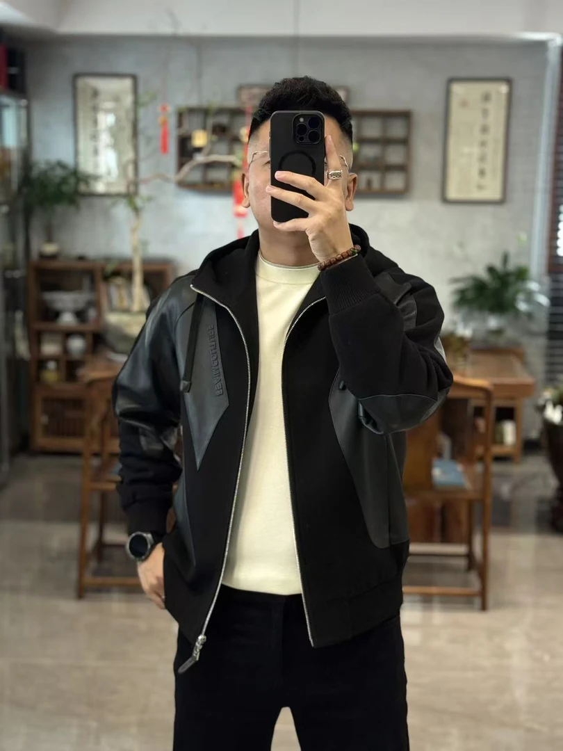 88778欧货秋季时尚休闲帽款拉链绵羊毛混纺拼羊皮男士薄棉外套