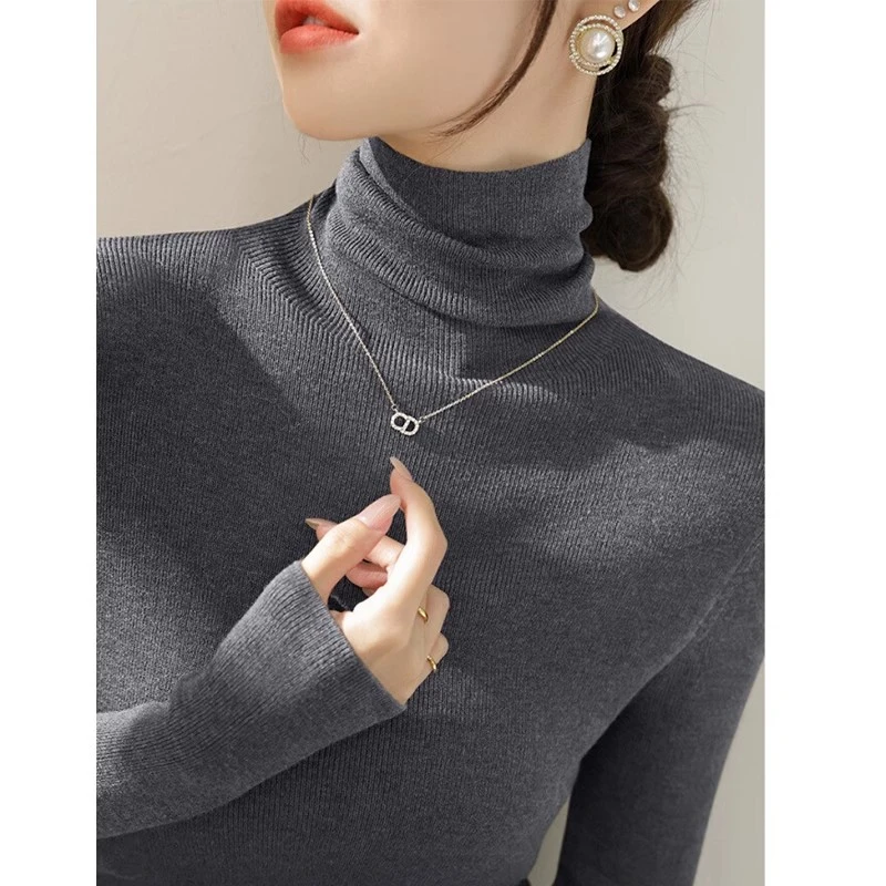灰色高领针织打底衫女春秋季2025新款修身显瘦毛衣内搭堆堆领上衣