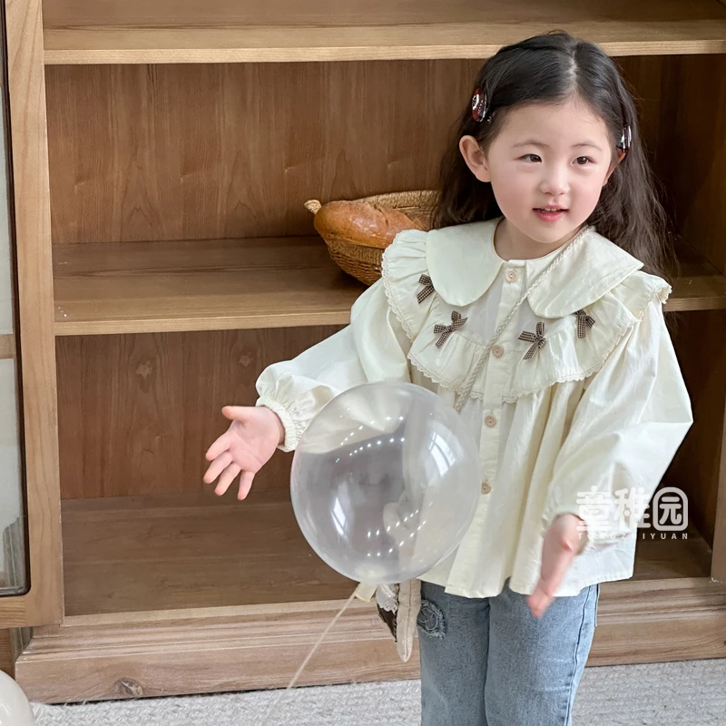 春秋新款女童衬衫蝴蝶结花边衬衫女宝宝新潮时尚洋气欧若风童装