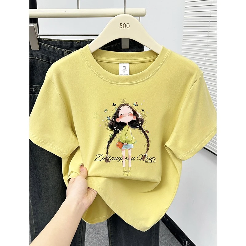 姜黄色短袖T恤女夏季新款韩版时尚小女孩印花洋气圆领正肩上衣潮