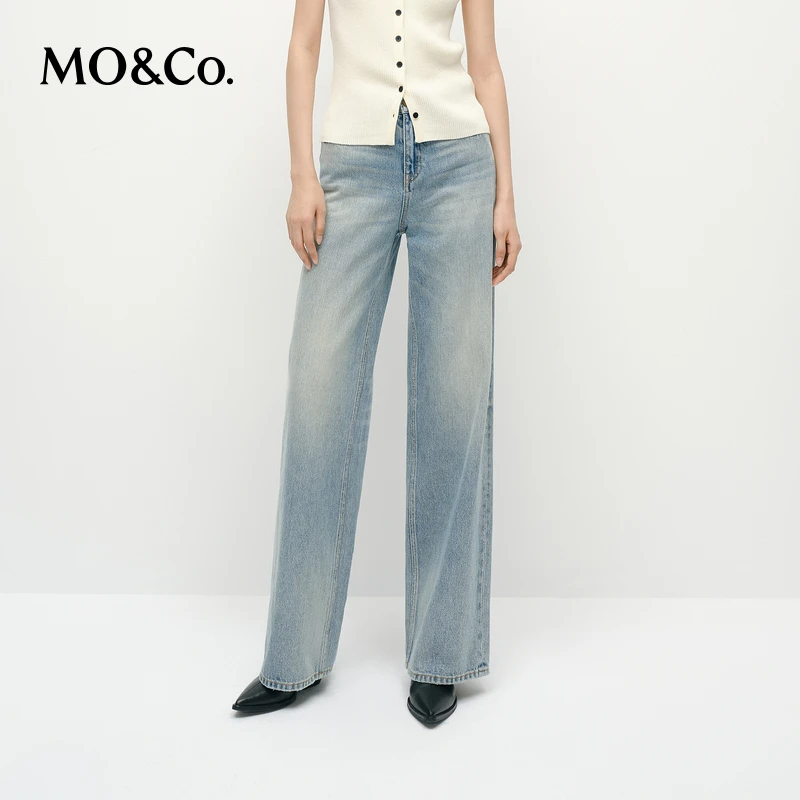 【达播用链接】MOCO牛仔裤2025春棉中高腰洗水蓝直筒长裤MBE1JENT10