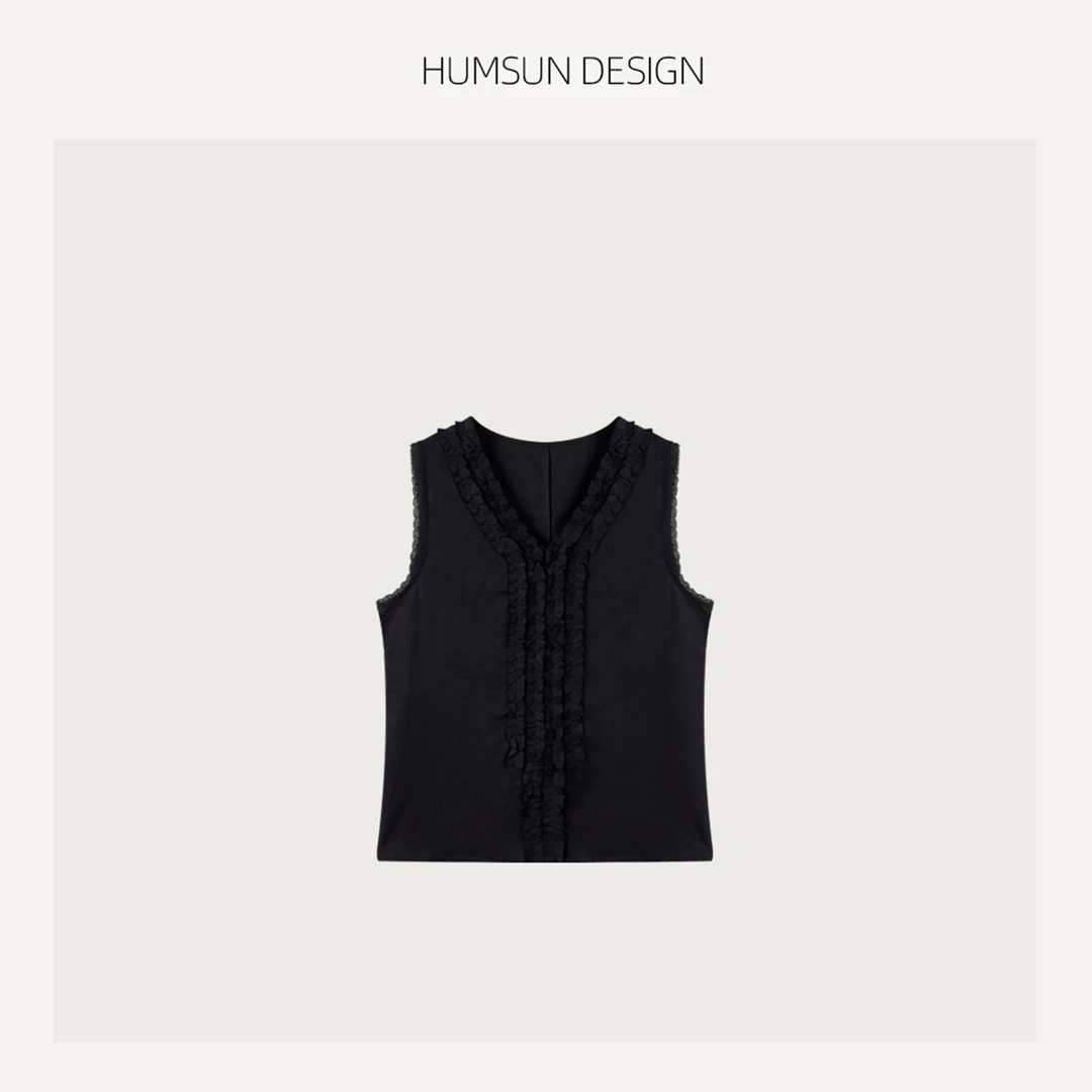 HUMSUN/禾木笙「甜撩」重工浮雕花瓣V领进口麻料木耳边上衣 5A460