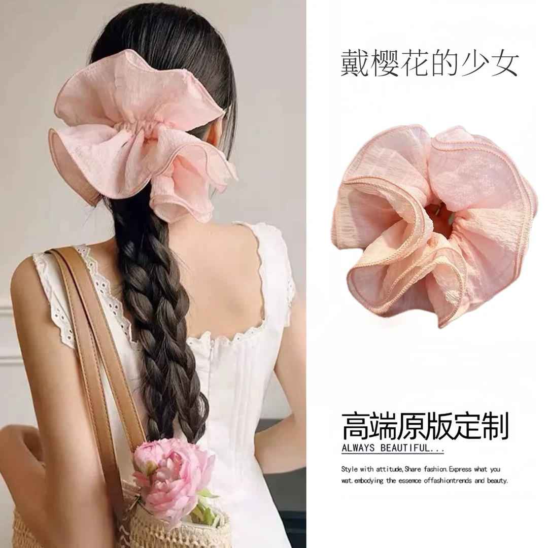 戴樱花的少女~韩系温柔粉色大肠发圈女高级感百搭扎头发皮筋头绳