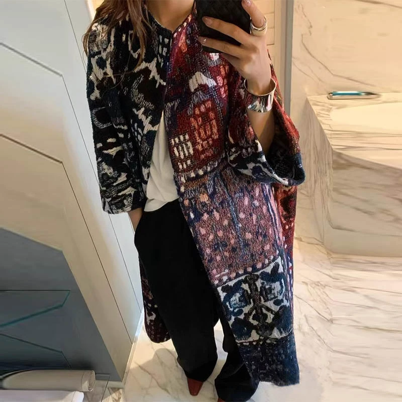 YongLeap柜品秋冬新品复古花色羊毛混纺圆领廓形中长款大衣外套女