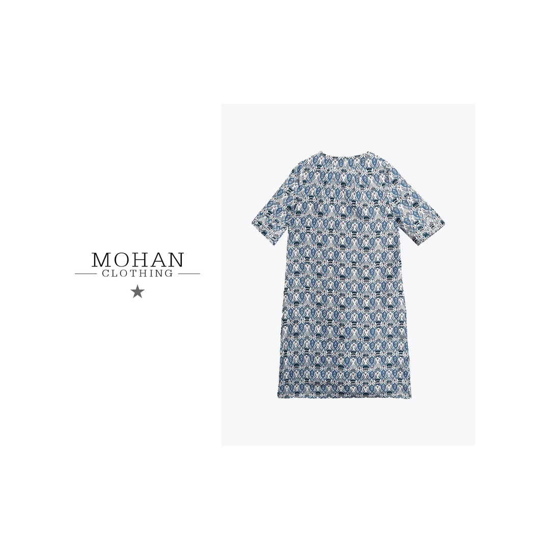 CLOTHING/墨含高奢时尚圆领气质优雅满印印花设计师连衣裙WU52-1