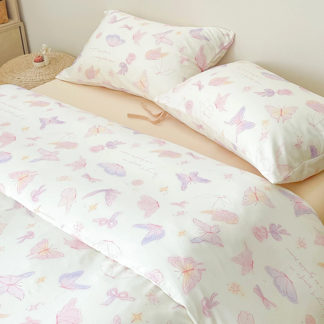 少女的祈祷 法式少女风60s长绒棉床上四件套梦幻蝴蝶被套床单三件