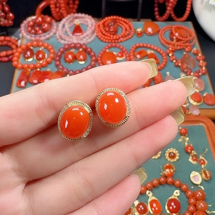 南红玛瑙银S925镶嵌耳饰12+高货