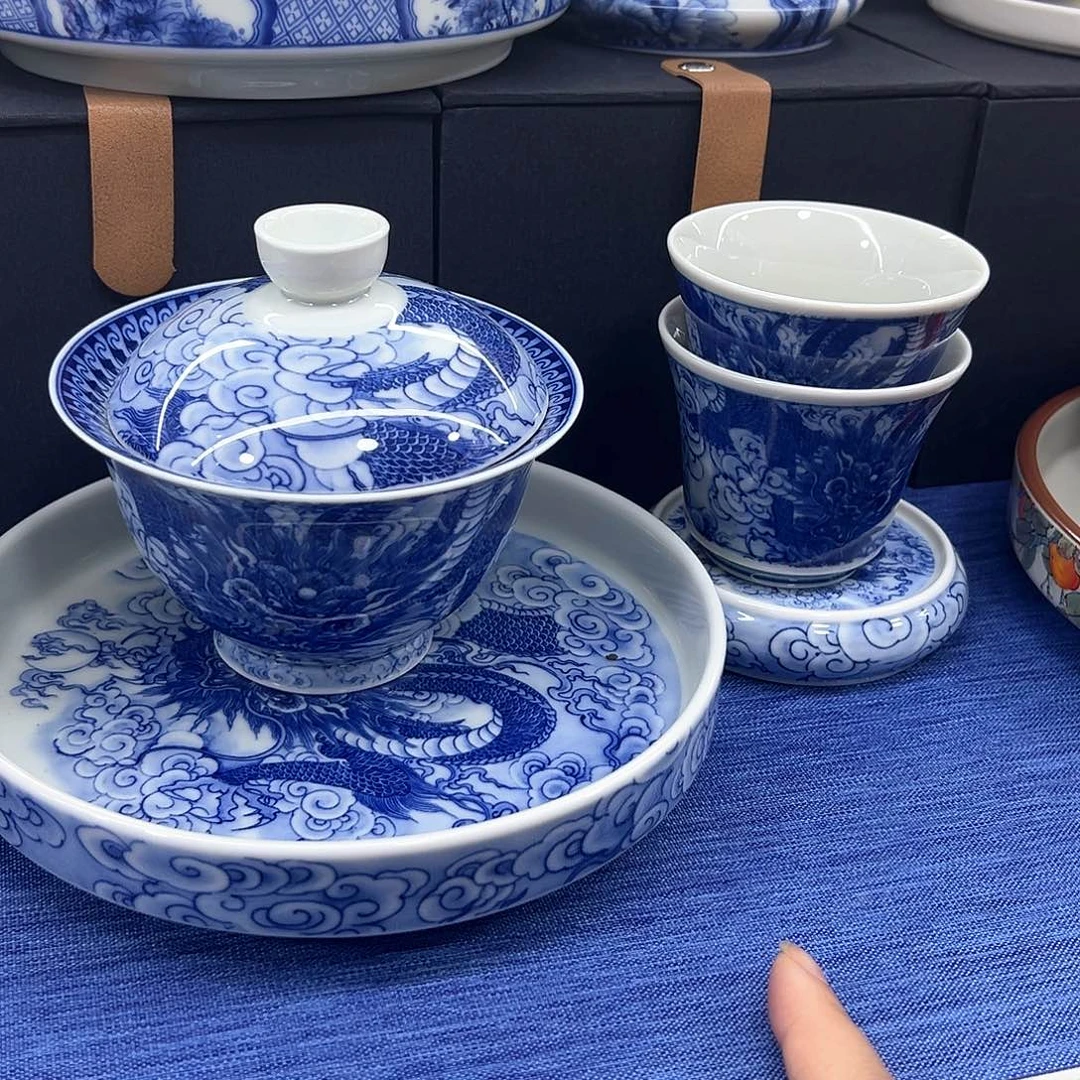 盖碗青花瓷器釉下彩手绘龙