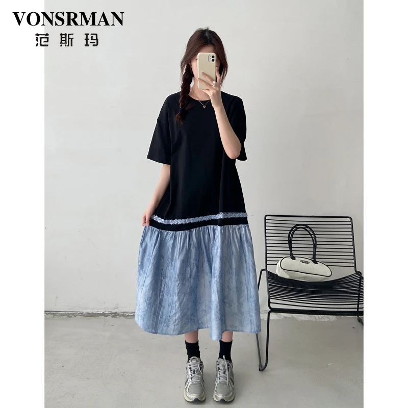 VONSRMAN设计感拼接假两件连衣裙女夏季新款胖mm宽松遮肉显瘦长裙