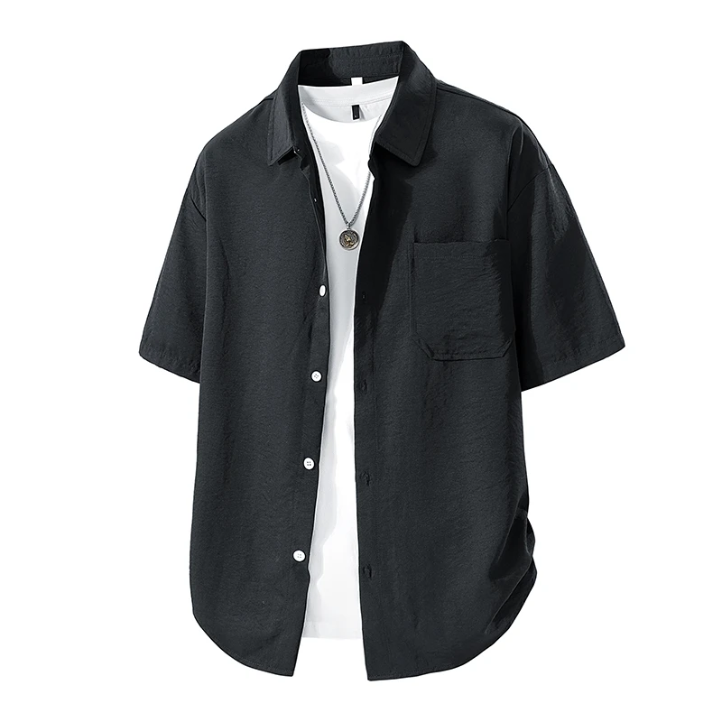 MTVO法式工装男装夏季短袖衬衫外套纯色简约痞帅衬衣休闲短袖衬衫