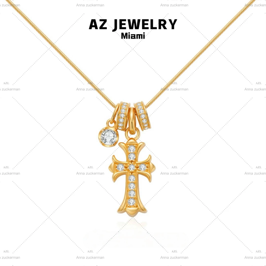 ANNA ZUCKERMAN 坠链均925银合成锆石 时尚轻ch风轻奢十字架项链