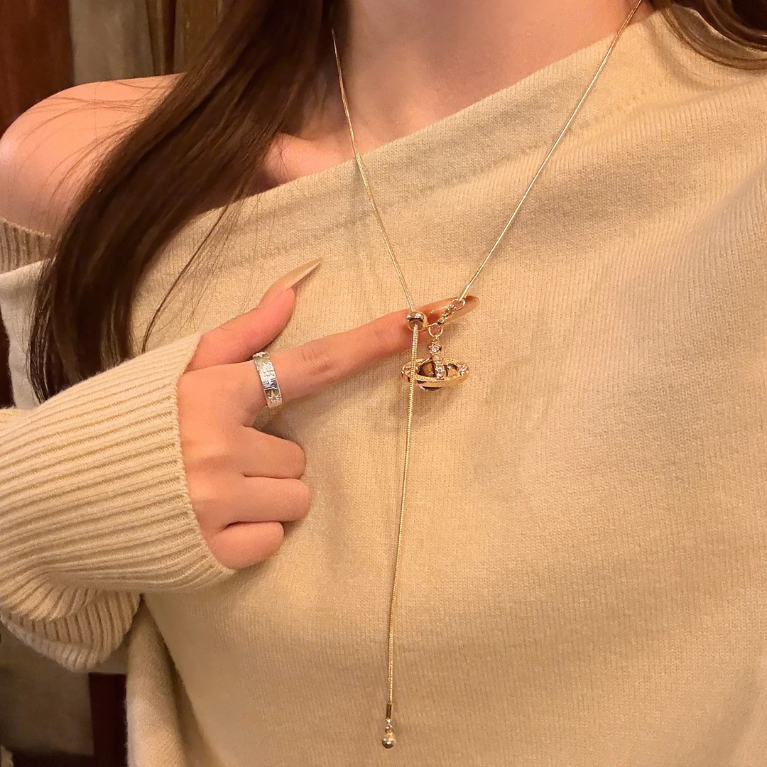 铜合金项链 焦糖深巧 虎眼石可抽拉式星球项链长款秋冬毛衣链配饰