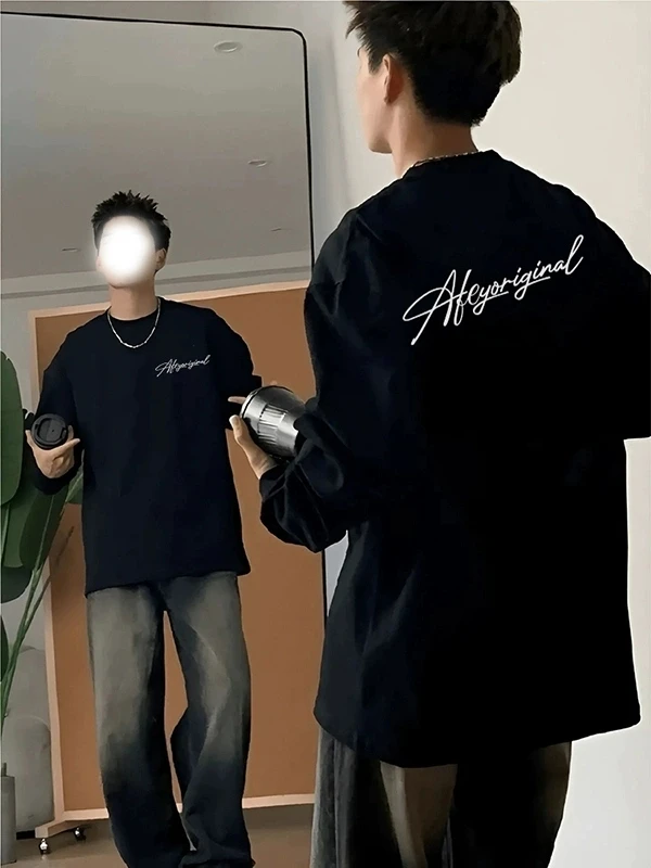 重磅长袖男纯棉美式高街潮牌罗口t恤痞帅炸街打底衫秋内搭潮流