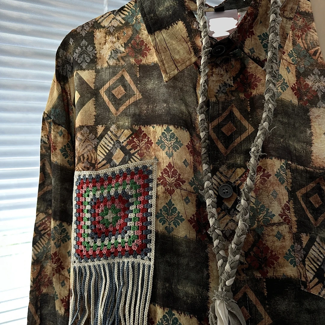 Sina日系复古扎染宽松图腾印花长袖休闲花衬衫120