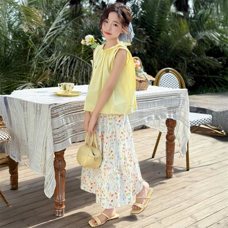 大女童装夏装6-12岁潮牌高级感无袖背心衬衫套装2025新款儿童夏季