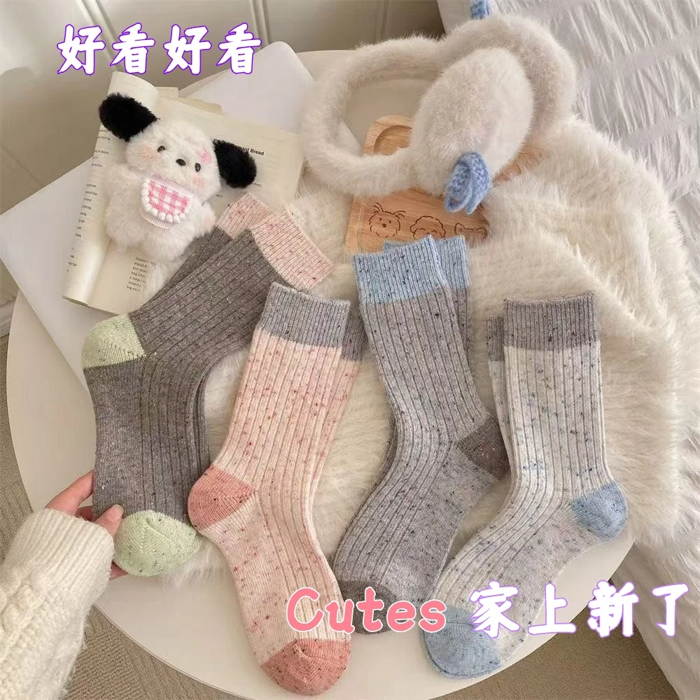 【好搭配】点子纱拼色冬季中筒秋季中筒袜拼接保暖厚款休闲风日式