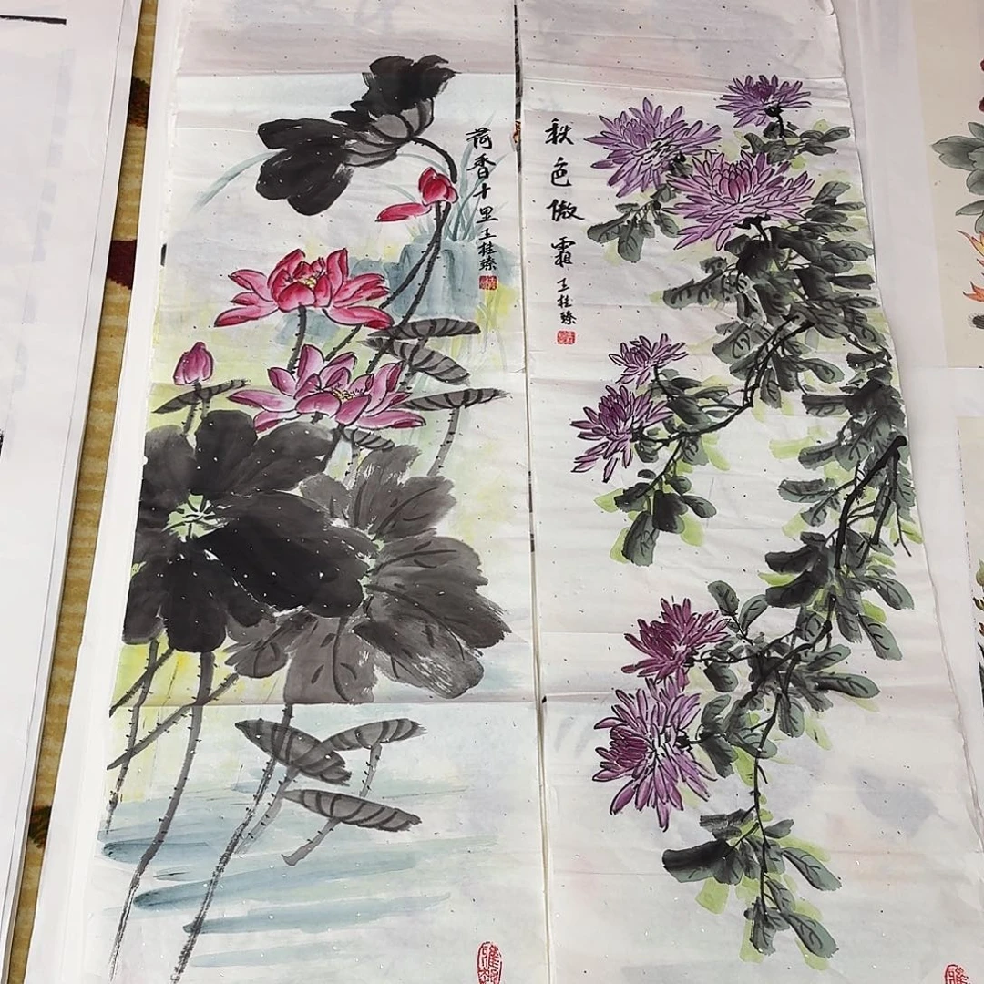 国画四尺对开手绘作品两张