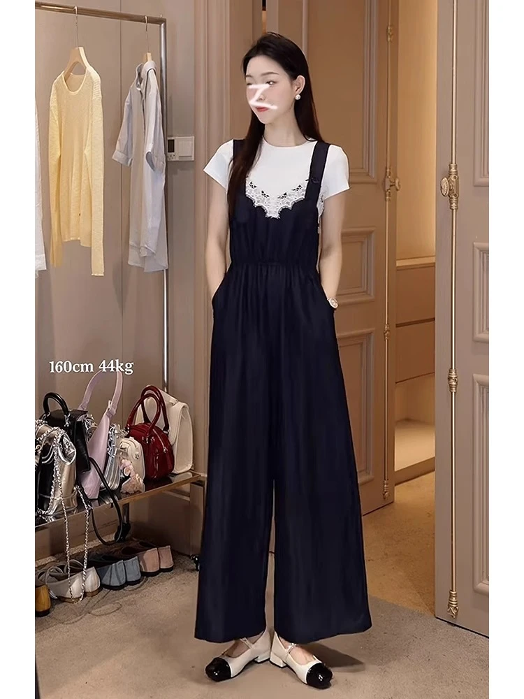 鸥小柒同款女装学院风拼接蕾丝收腰背带裤女夏季小众设计感阔腿裤