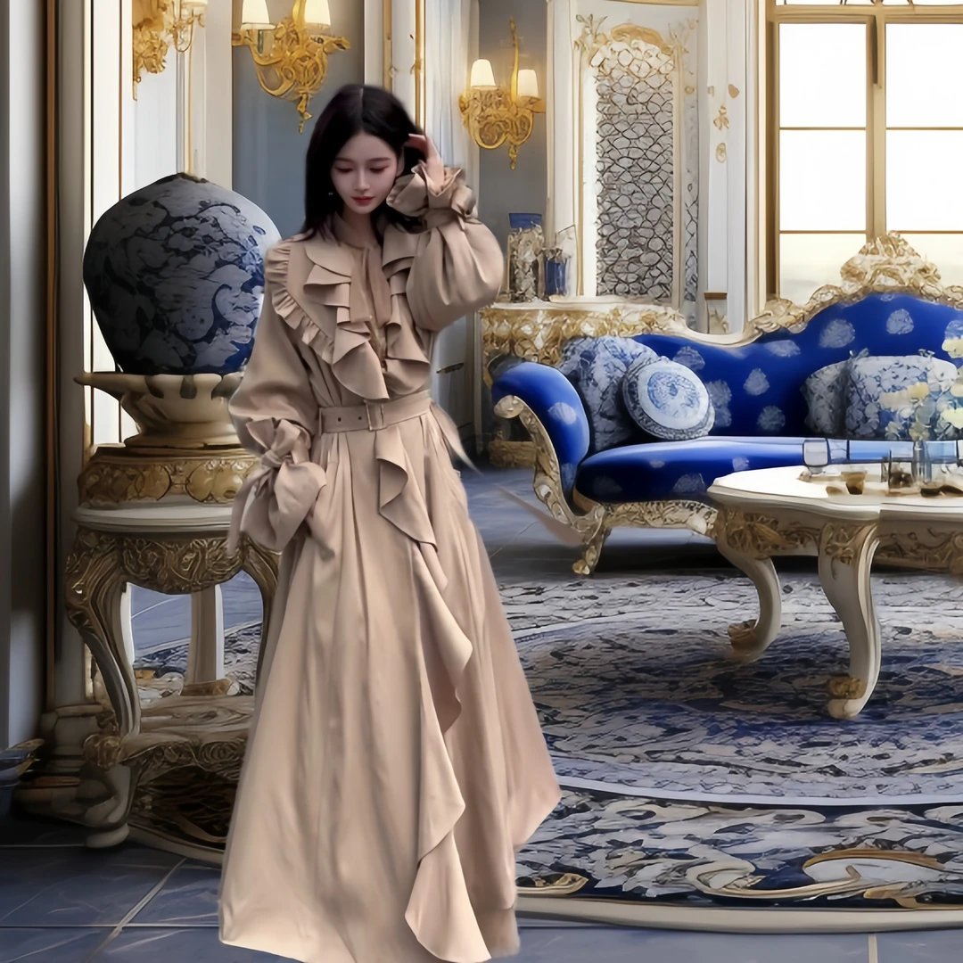 亚町家原创风衣2691气质中长款时尚百搭宽松春秋显瘦收腰网红系带